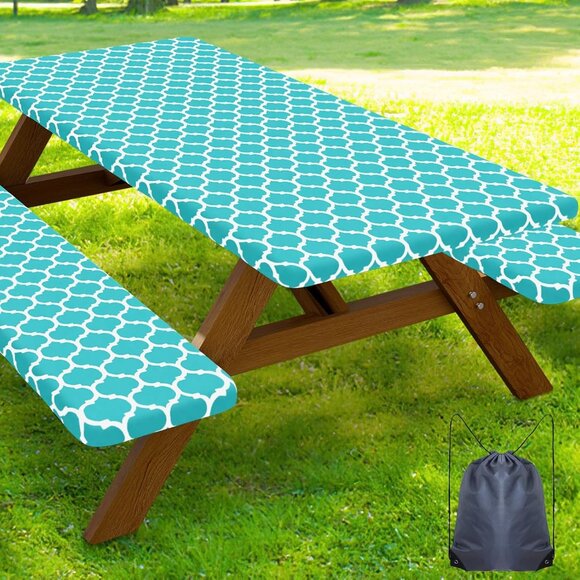 Picnic Table Cover with Bench Covers, Waterproof Elastic Fitted Tablecloth - Picture 4 of 11